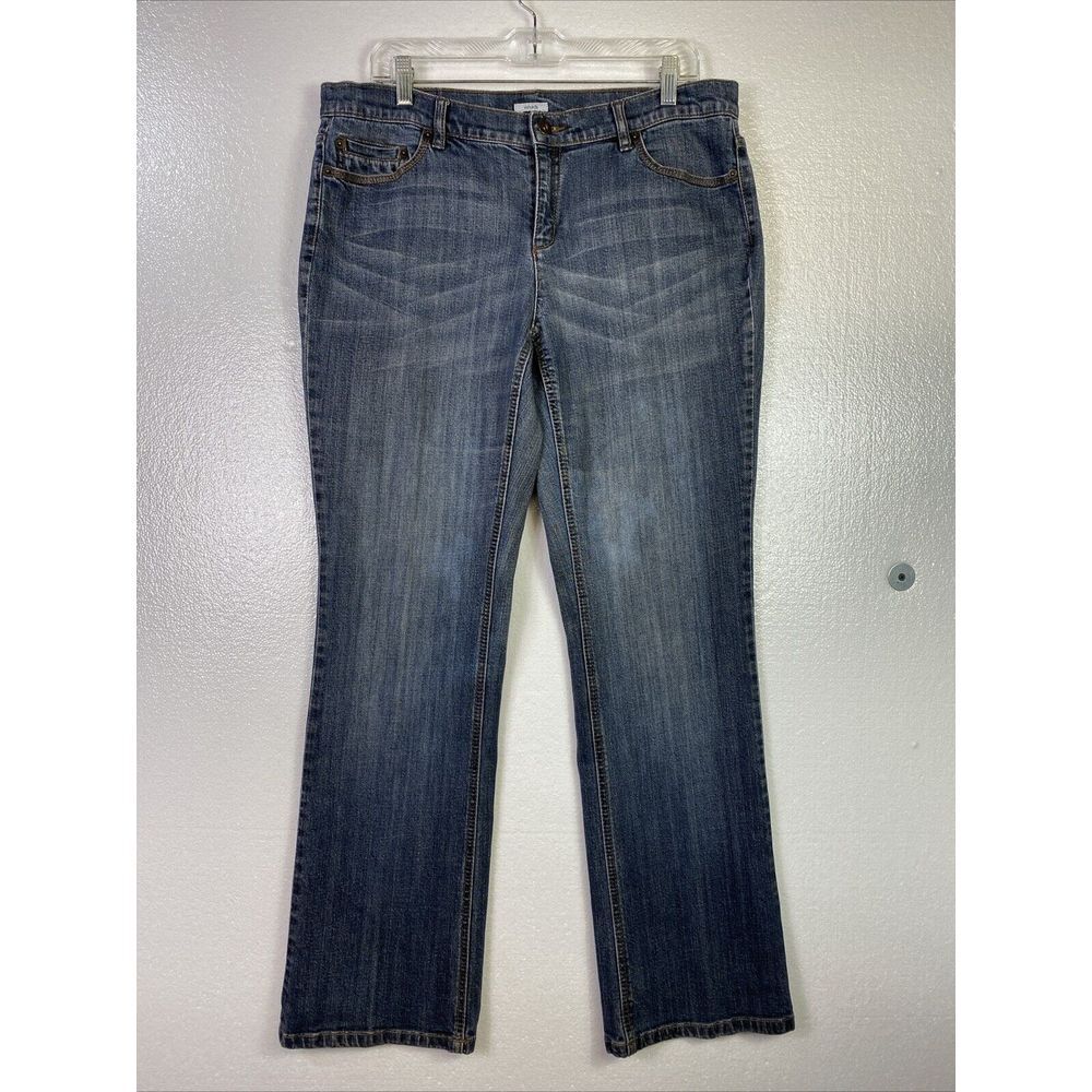Liz & Co Jeans Womens Size 14 Stretch Denim Blue bootcut Distressed Cat Whiskers